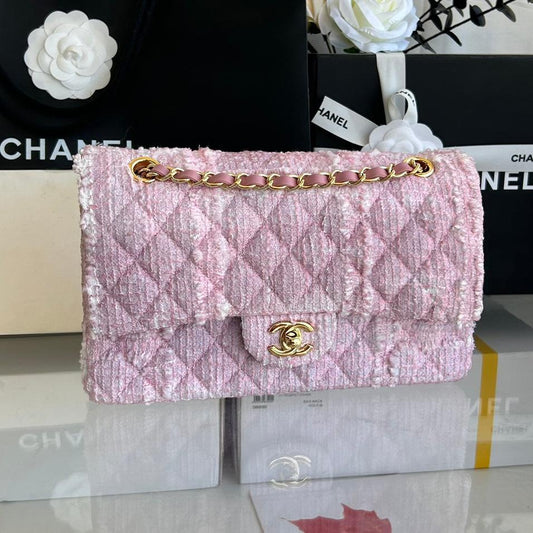 SAC À RABAT MOYEN 25 EN TWEED ROSE CLAIR QUINCAILLERIE DORÉ 