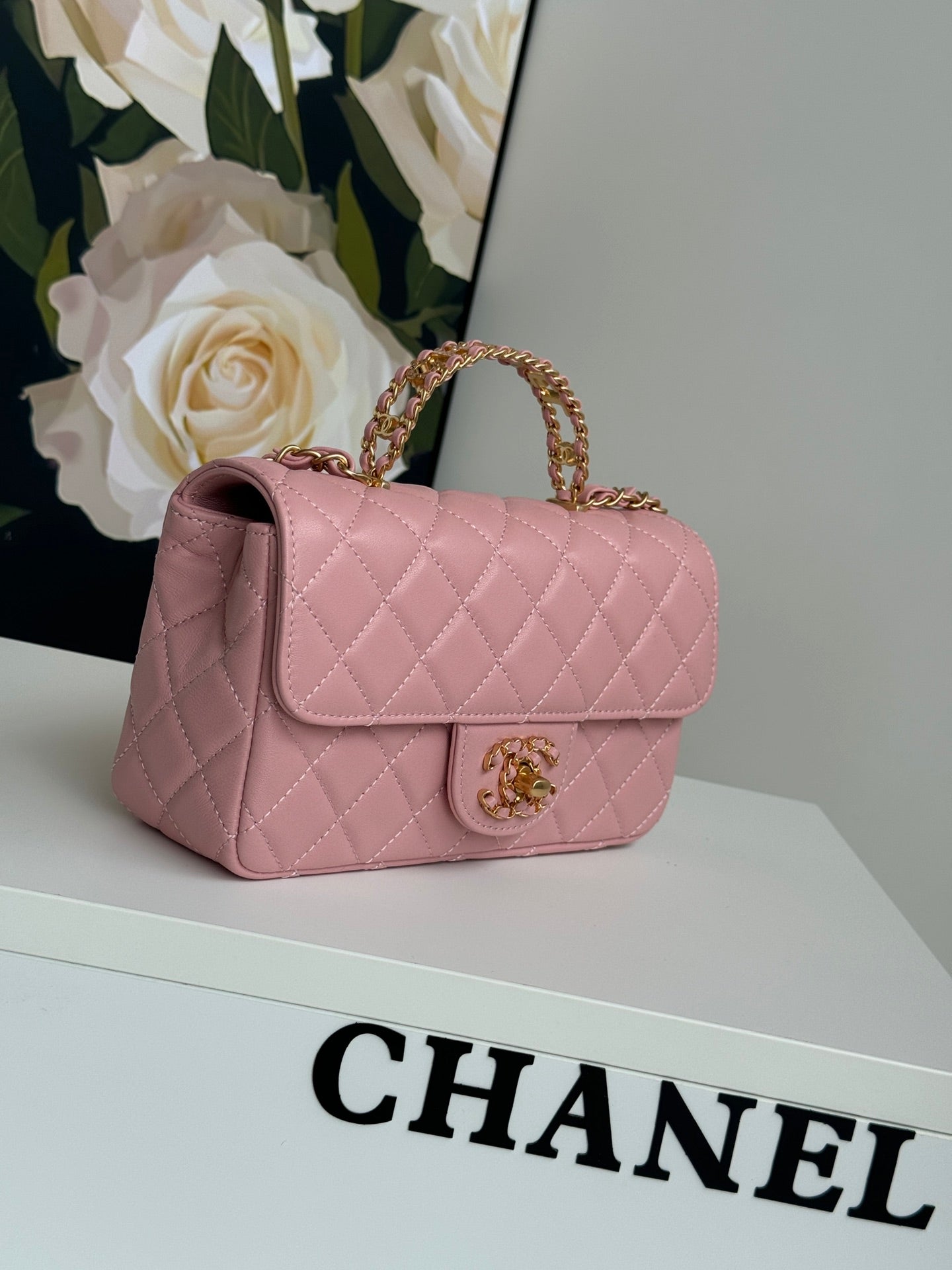 24c ミニフラップバッグ 20cm トップハンドル付き ピンクラムスキン