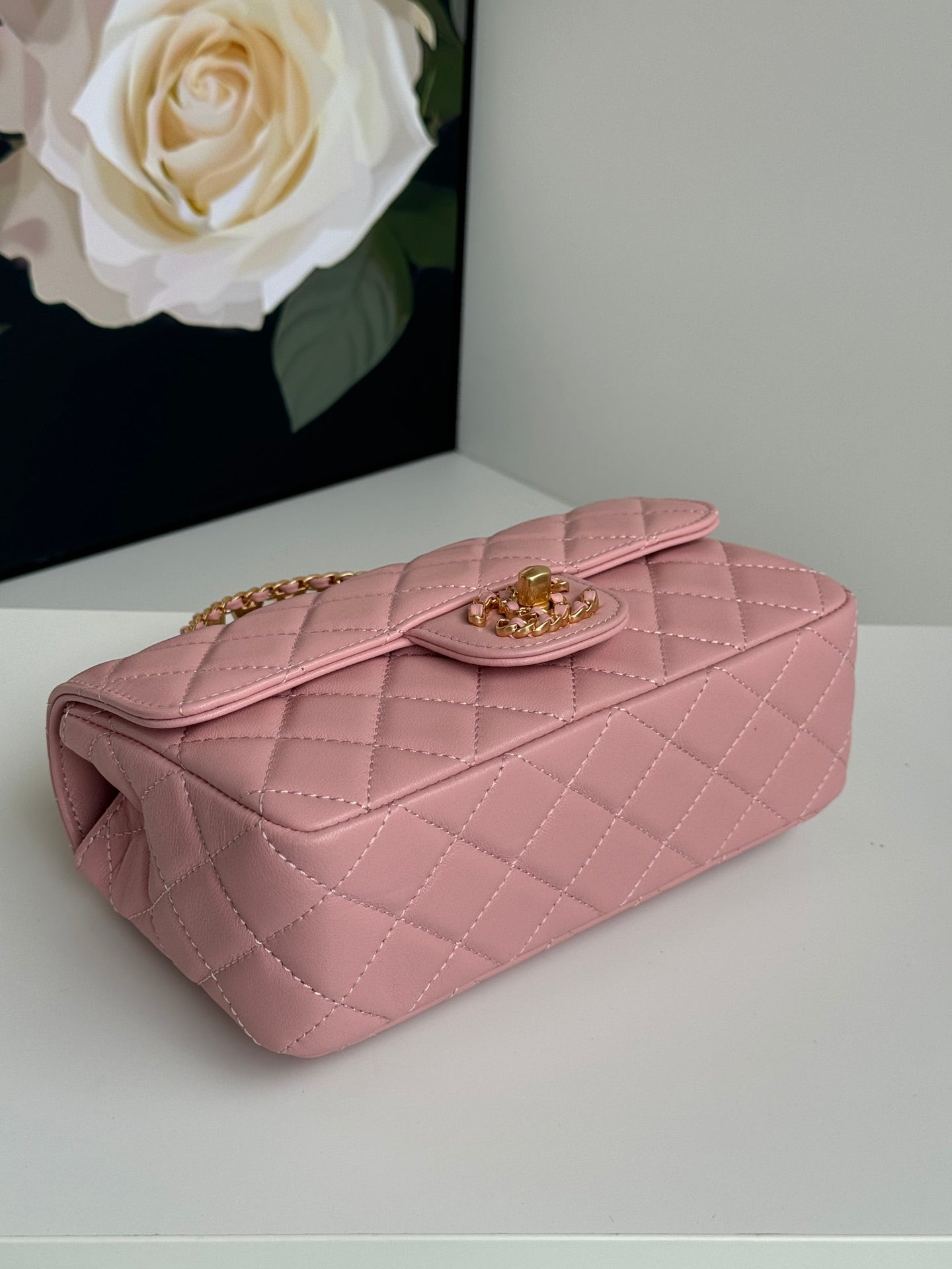 24c ミニフラップバッグ 20cm トップハンドル付き ピンクラムスキン