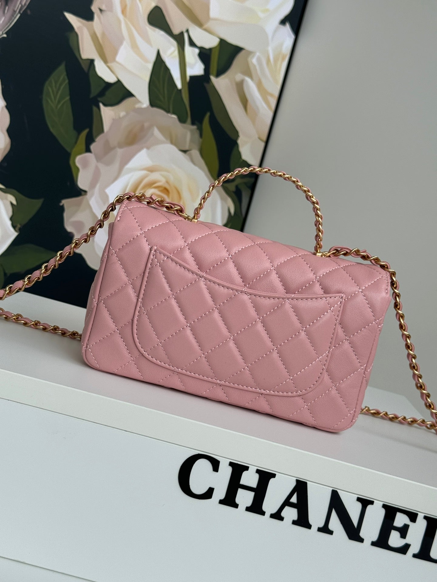 24c ミニフラップバッグ 20cm トップハンドル付き ピンクラムスキン