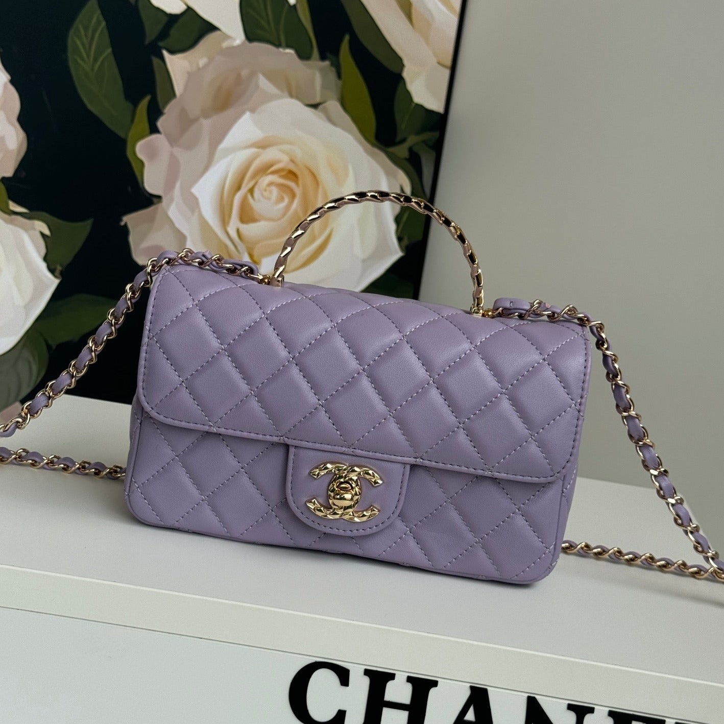 24c ミニフラップバッグ 20cm トップハンドル付き バイオレットラムスキン