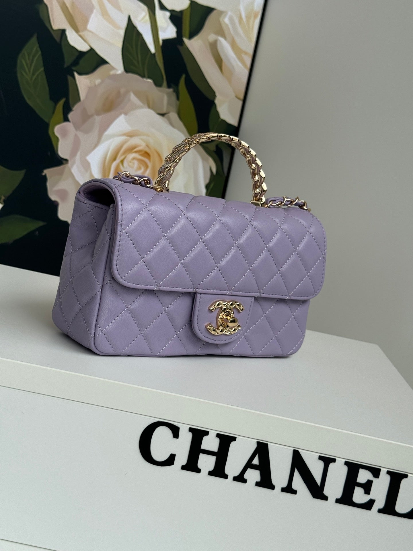 24c ミニフラップバッグ 20cm トップハンドル付き バイオレットラムスキン