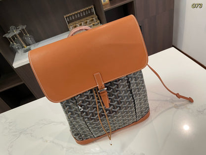 SAC À DOS ALPIN 37 EN CUIR D'AGNEAU MARRON ET TOILE GOYARDINE