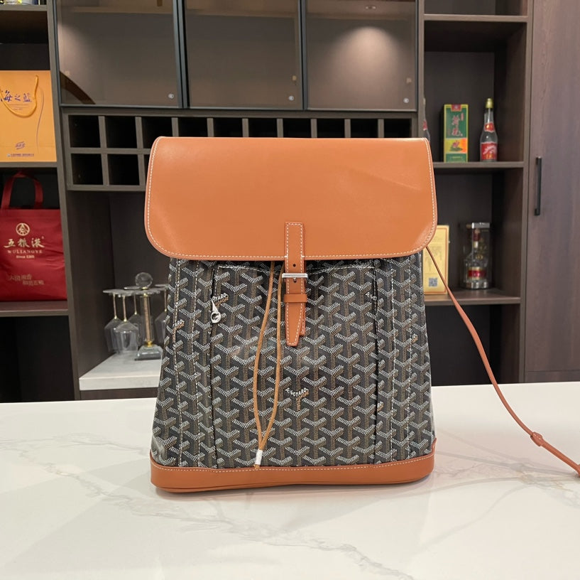 SAC À DOS ALPIN 37 EN CUIR D'AGNEAU MARRON ET TOILE GOYARDINE