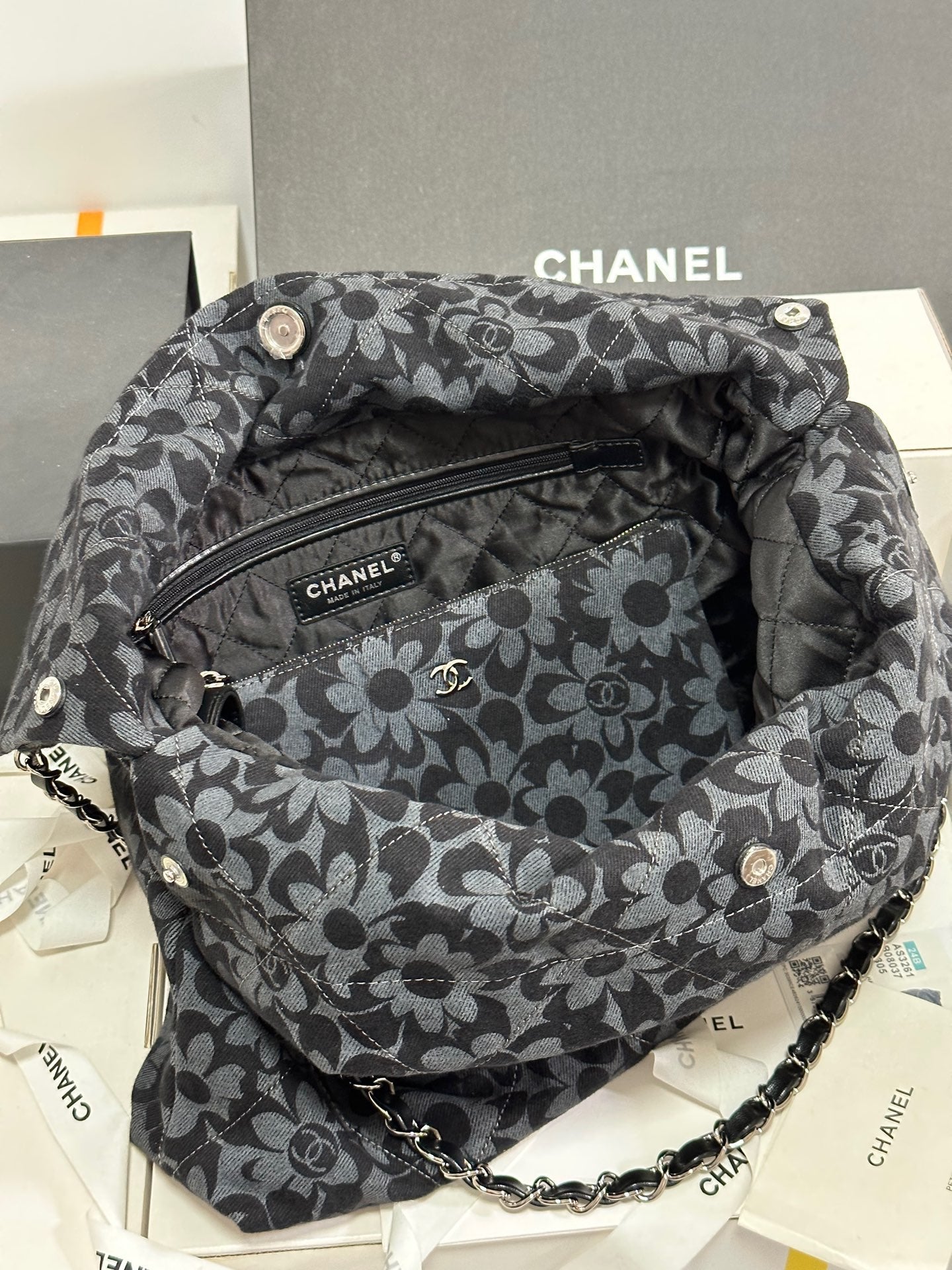 CC 22 Bag Gray Black Camellia Pattern Demin Silver Hardware 243625