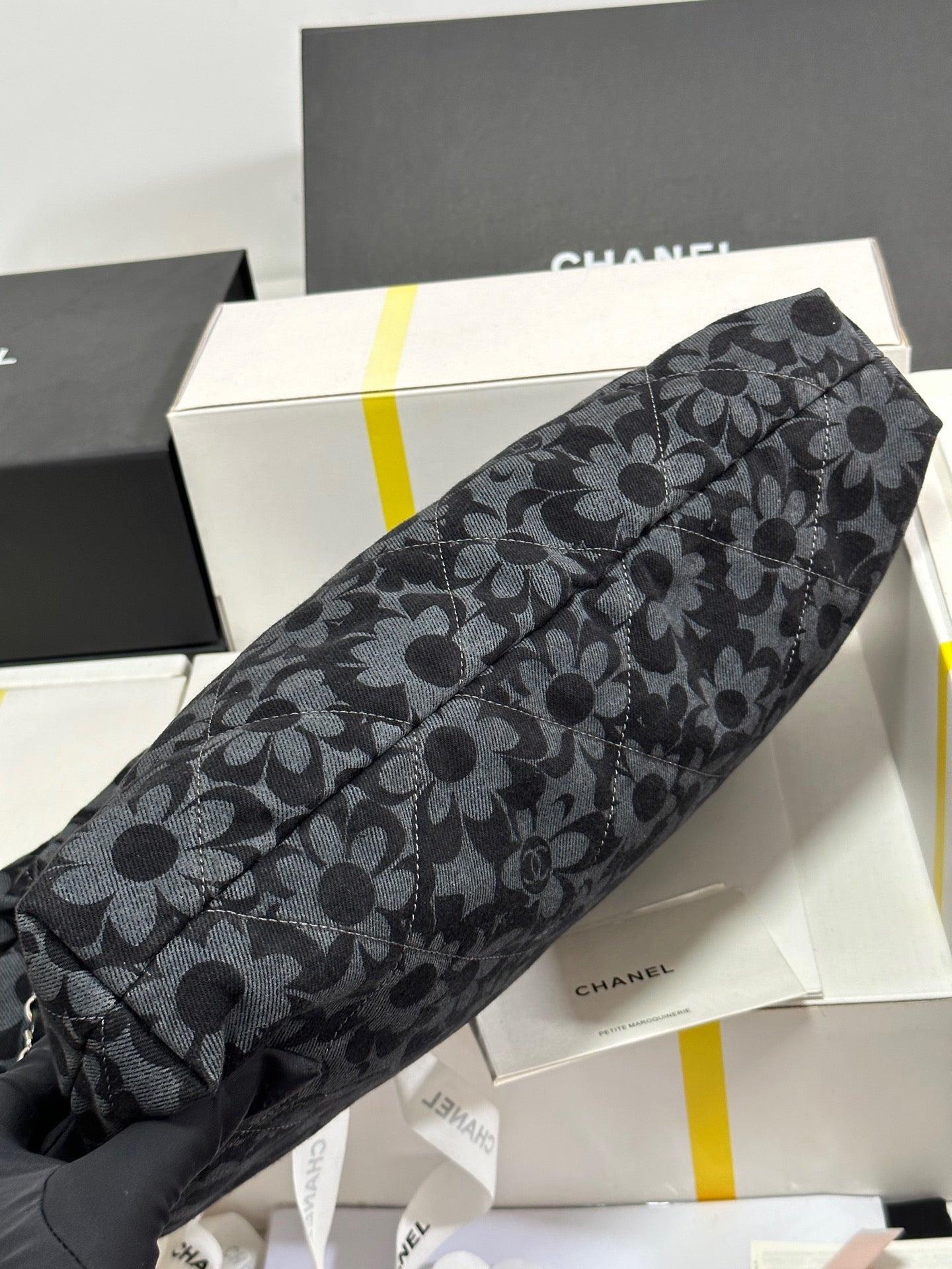 CC 22 Bag Gray Black Camellia Pattern Demin Silver Hardware 243625