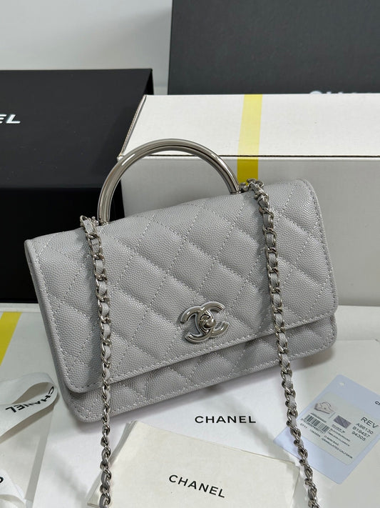 Portefeuille CC 25P avec poignée Woc 19 cm en cuir gris clair et accessoires argentés 243454
