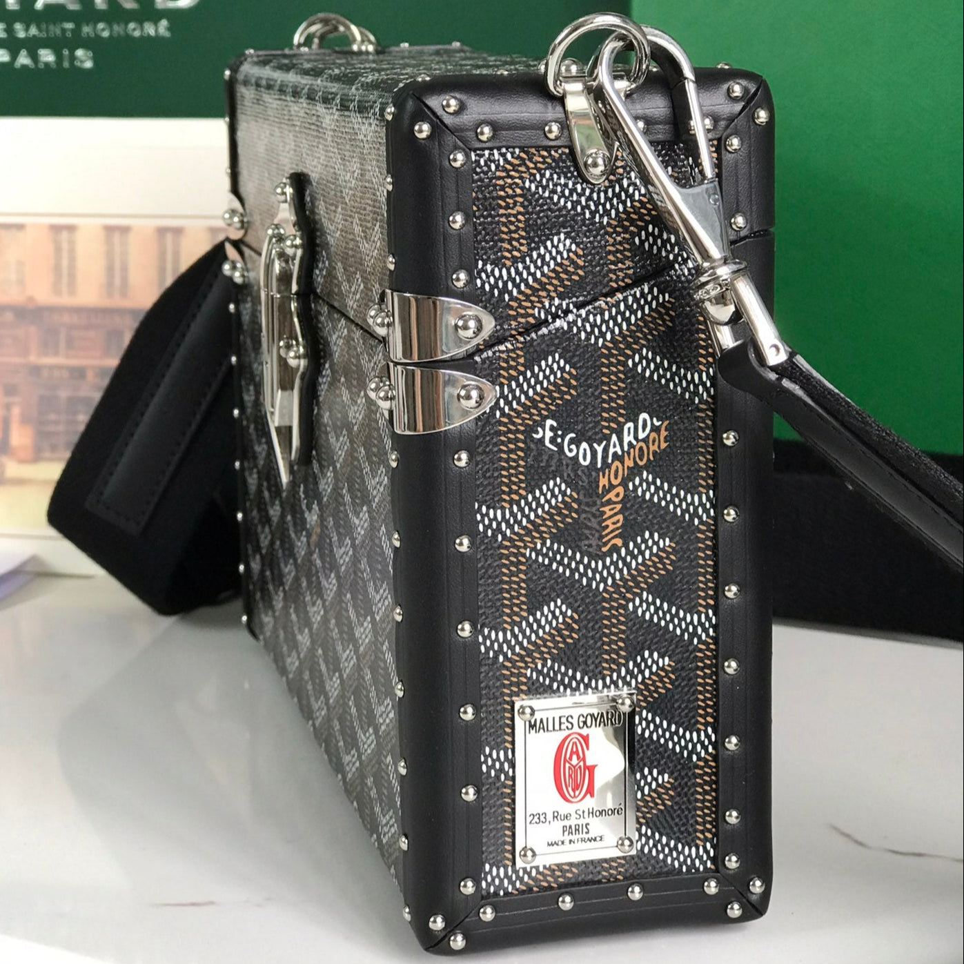 SAC COFFRE CASSETTE 21 EN TOILE GOYARDINE NOIRE ET CUIR DE VACHE CLAMECY