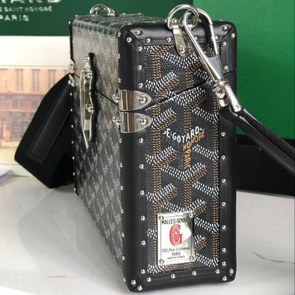 SAC COFFRE CASSETTE 21 EN TOILE GOYARDINE NOIRE ET CUIR DE VACHE CLAMECY