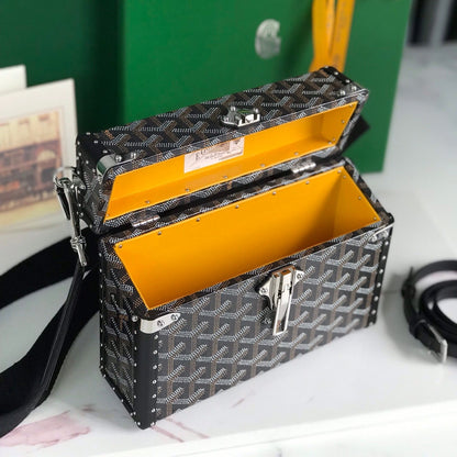 SAC COFFRE CASSETTE 21 EN TOILE GOYARDINE NOIRE ET CUIR DE VACHE CLAMECY