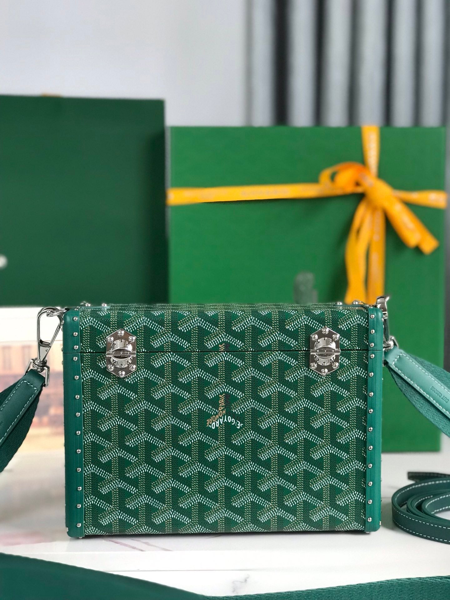 SAC COFFRE CASSETTE 21 EN TOILE GOYARDINE VERTE ET CUIR DE VACHE CLAMECY