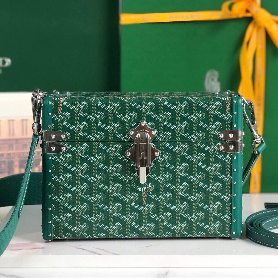 SAC COFFRE CASSETTE 21 EN TOILE GOYARDINE VERTE ET CUIR DE VACHE CLAMECY