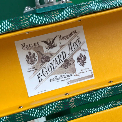SAC COFFRE CASSETTE 21 EN TOILE GOYARDINE VERTE ET CUIR DE VACHE CLAMECY