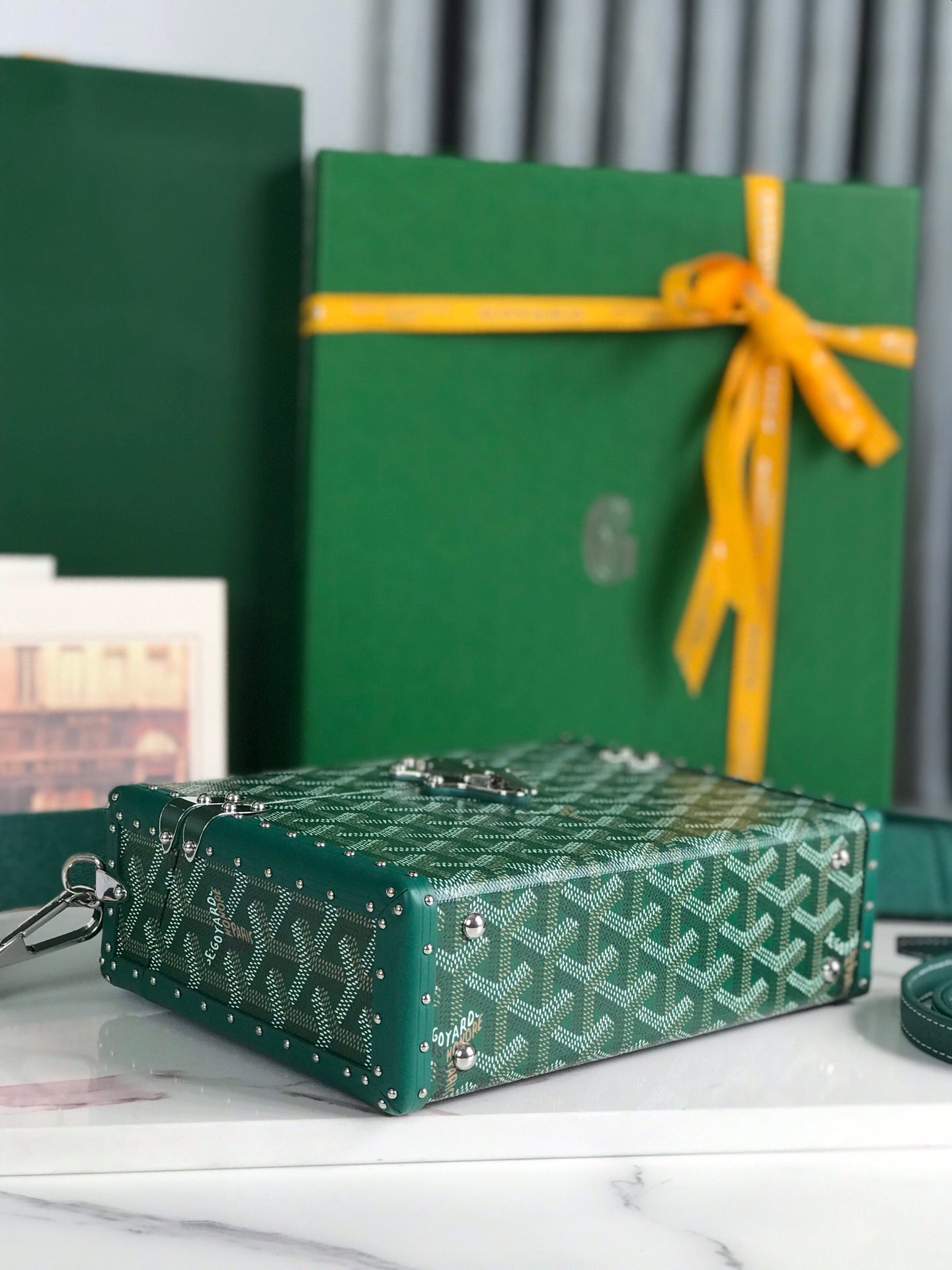 SAC COFFRE CASSETTE 21 EN TOILE GOYARDINE VERTE ET CUIR DE VACHE CLAMECY