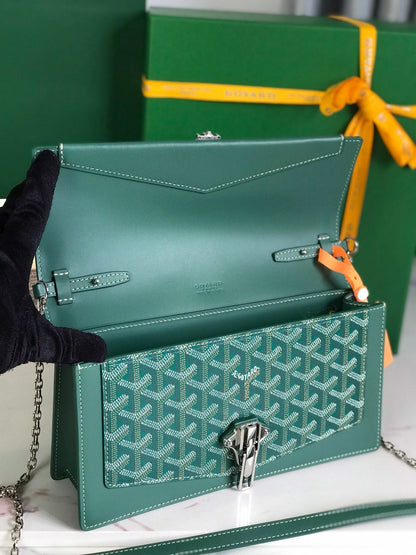SAC DUCHESSE MARIE-CAROLINE 25 EN TOILE GOYARDINE VERTE ET CUIR DE VEAU LISSE