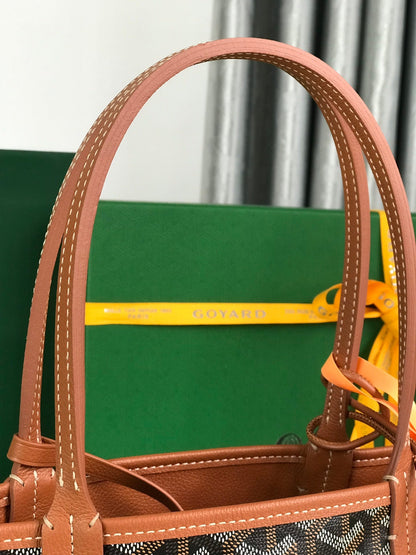 Mini sac Anjou 20 en cuir de veau beige et toile goyardine noire