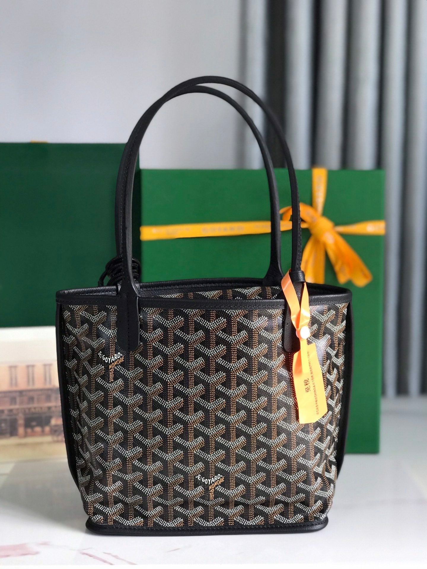 Mini sac Anjou 20 en cuir de veau noir et toile Goyardine