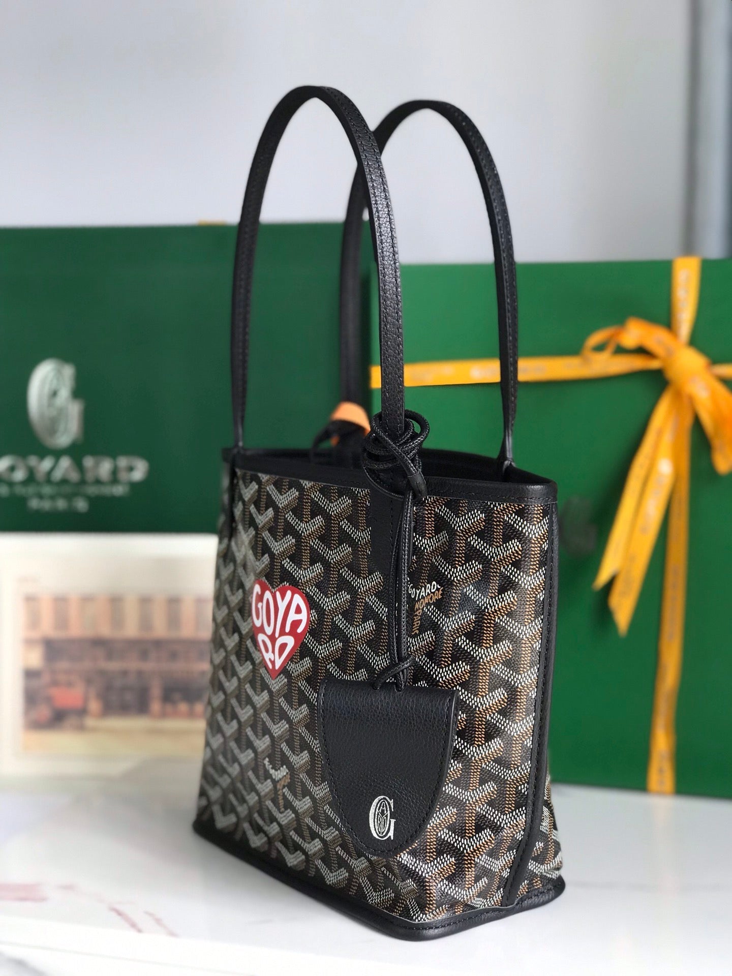 Mini sac Anjou 20 en cuir de veau noir et toile Goyardine