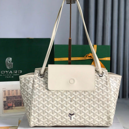 SAC ROUETTE SOUPLE 30 EN TOILE GOYARDINE BLANCHE ET CUIR DE VEAU