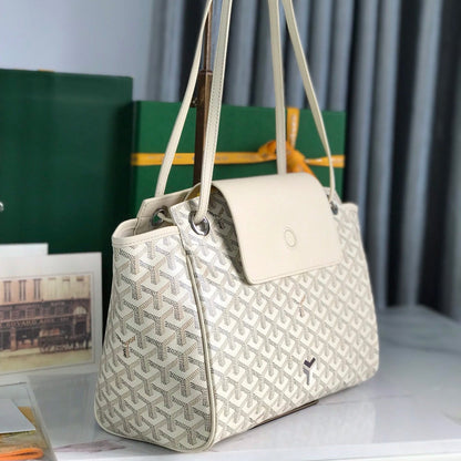 SAC ROUETTE SOUPLE 30 EN TOILE GOYARDINE BLANCHE ET CUIR DE VEAU