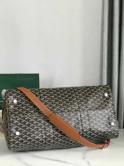 SAC BOSTON 50 EN TOILE GOYARDINE NOIRE ET GARNITURES EN CUIR DE VEAU BRUN