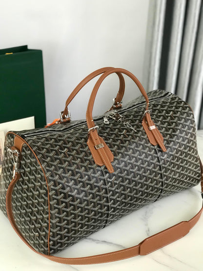 SAC BOSTON 50 EN TOILE GOYARDINE NOIRE ET GARNITURES EN CUIR DE VEAU BRUN