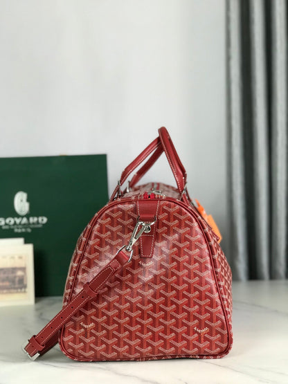 SAC BOSTON 50 EN TOILE GOYARDINE ROUGE ET GARNITURES EN CUIR DE VEAU