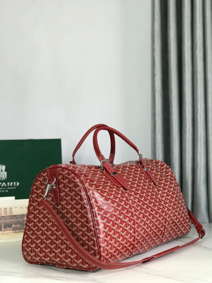 SAC BOSTON 50 EN TOILE GOYARDINE ROUGE ET GARNITURES EN CUIR DE VEAU
