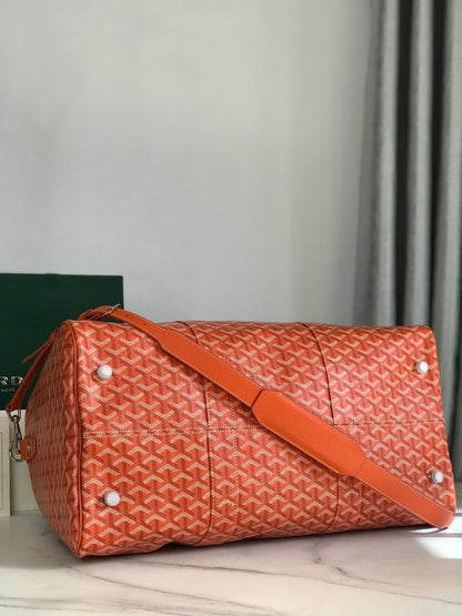 SAC BOSTON 50 EN TOILE GOYARDINE ORANGE ET GARNITURES EN CUIR DE VEAU