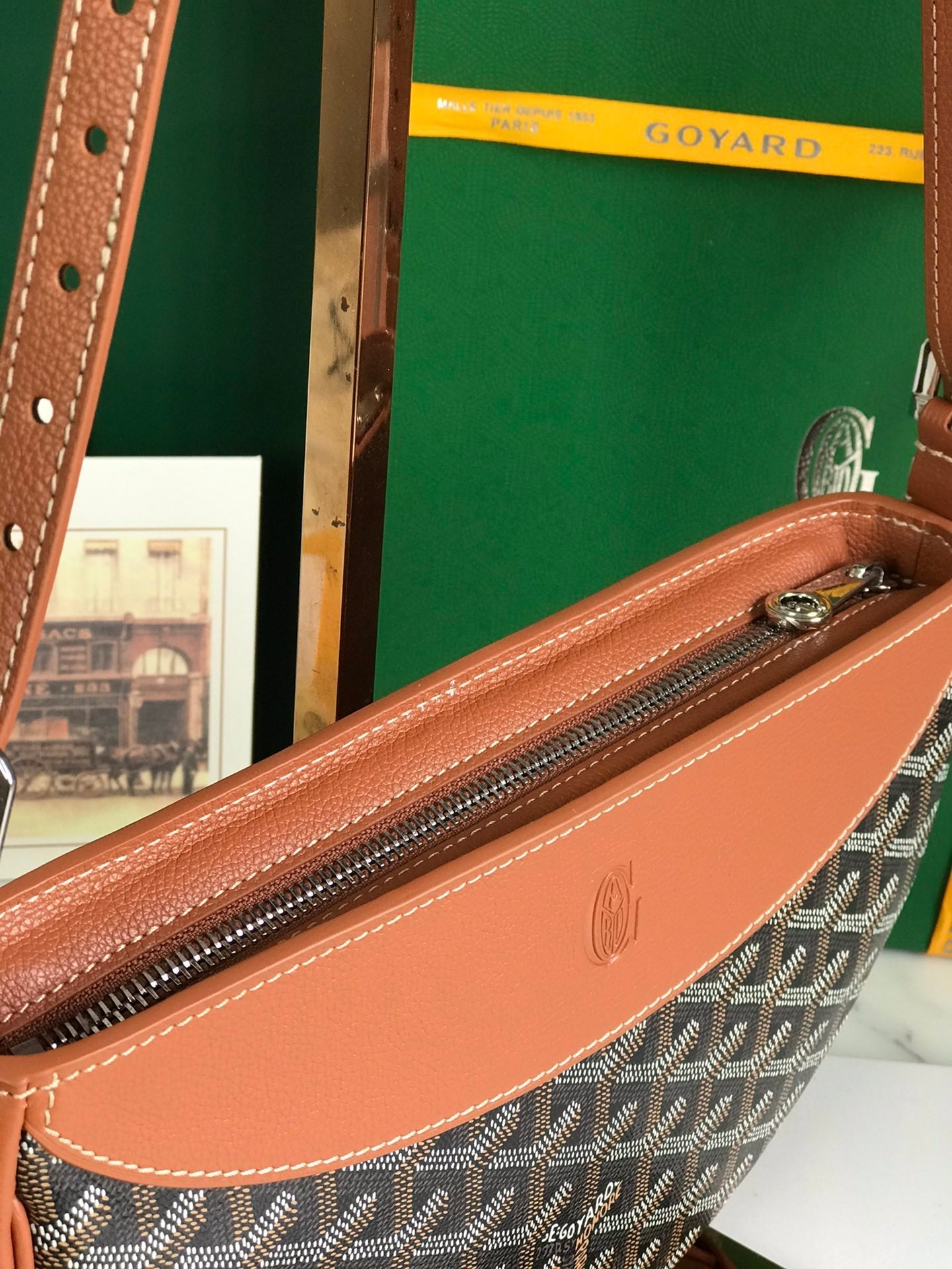 HIRONDELLE バッグ 25 タン ラムスキンとブラック ゴヤルダン キャンバス