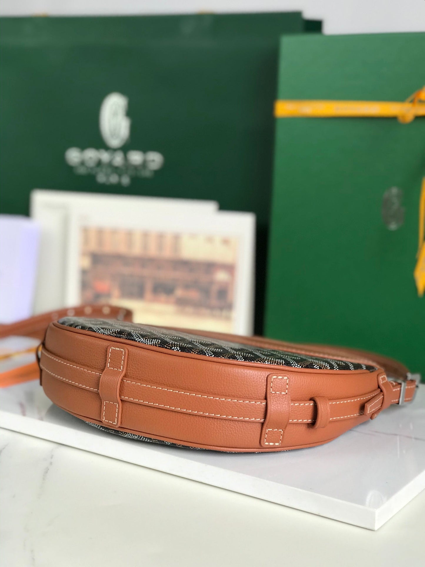 HIRONDELLE バッグ 25 タン ラムスキンとブラック ゴヤルダン キャンバス