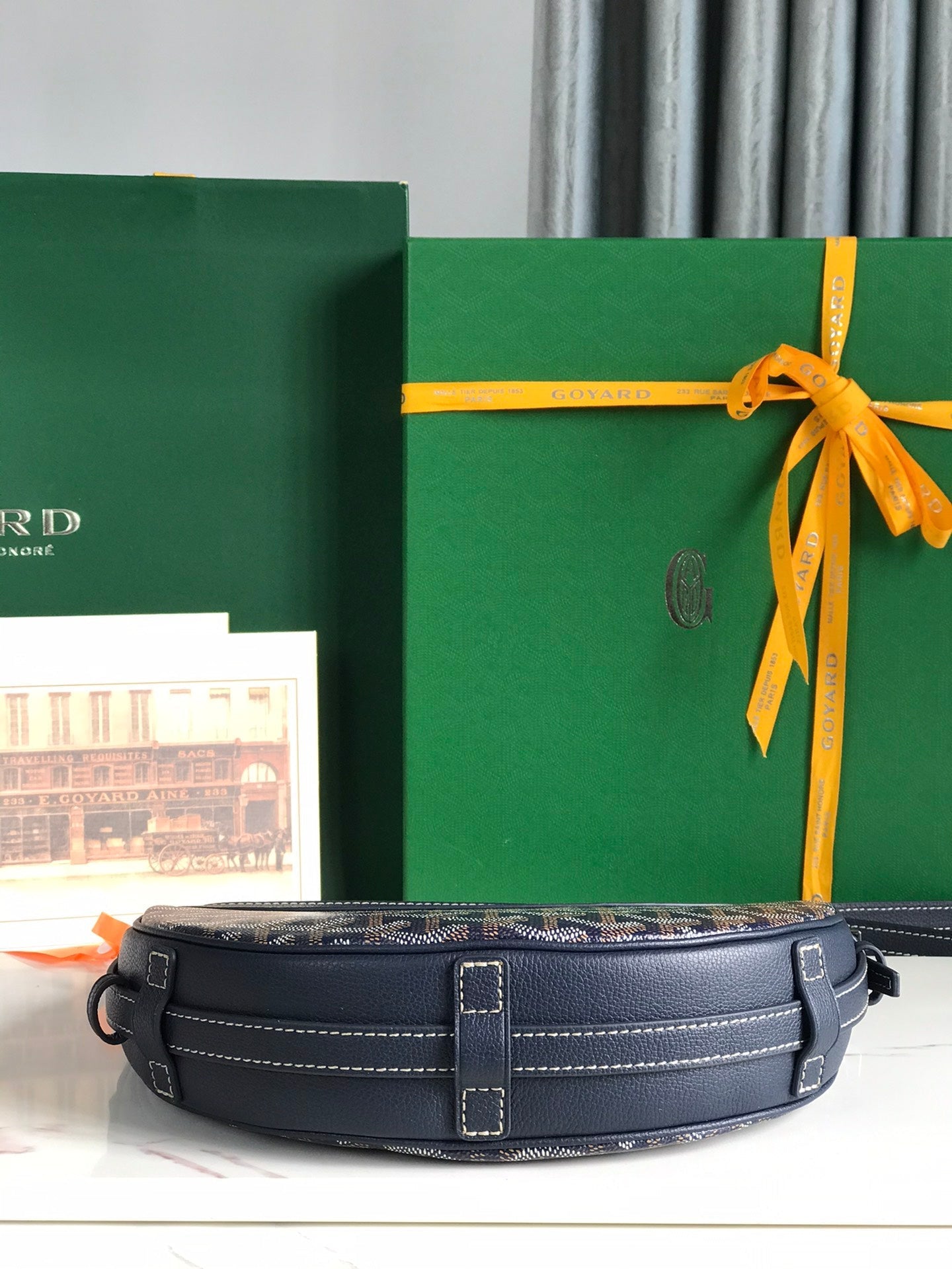 HIRONDELLE バッグ 25 ネイビー ブルー ラムスキンとゴヤルダン キャンバス