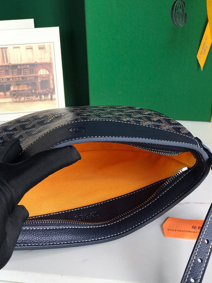 HIRONDELLE バッグ 25 ネイビー ブルー ラムスキンとゴヤルダン キャンバス