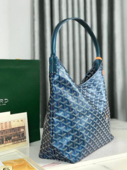 ボエム ホーボーバッグ 42cm ディープブルー キャンバス シェブローチ カーフスキン