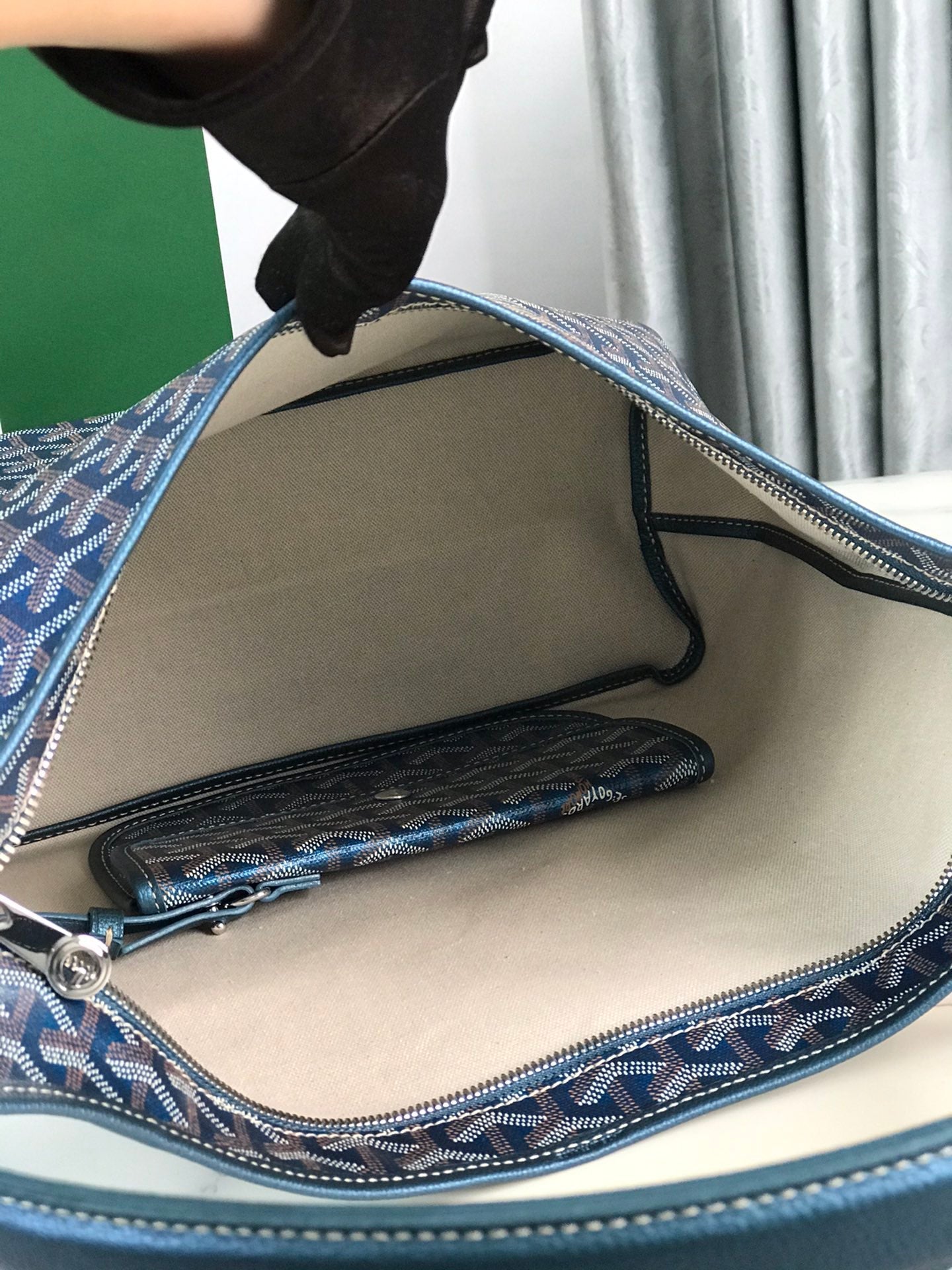 ボエム ホーボーバッグ 42cm ディープブルー キャンバス シェブローチ カーフスキン