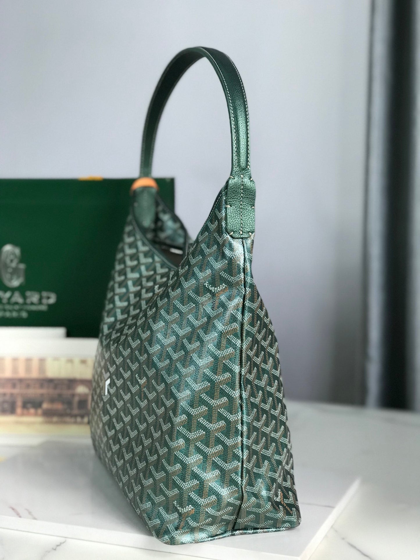 Sac Hobo Bohème 42 cm Toile Verte Chevroches Cuir de Veau