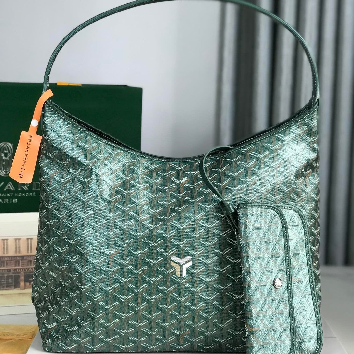 Sac Hobo Bohème 42 cm Toile Verte Chevroches Cuir de Veau