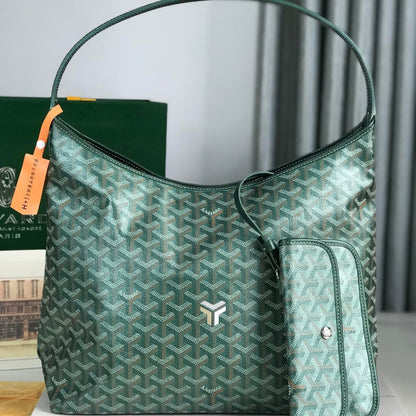 Sac Hobo Bohème 42 cm Toile Verte Chevroches Cuir de Veau