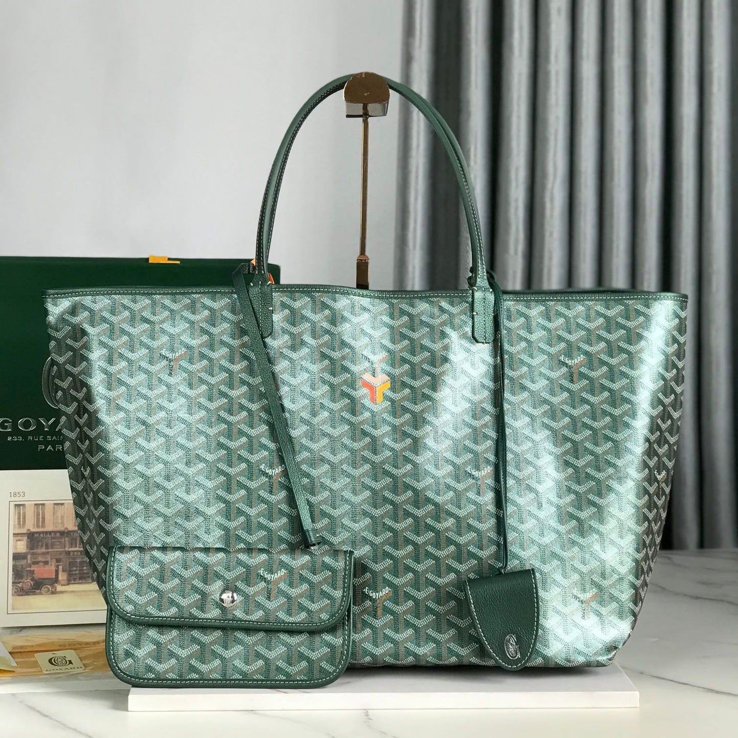 Sac Saint Louis GM 40 cm en toile verte Chevroches et cuir de veau