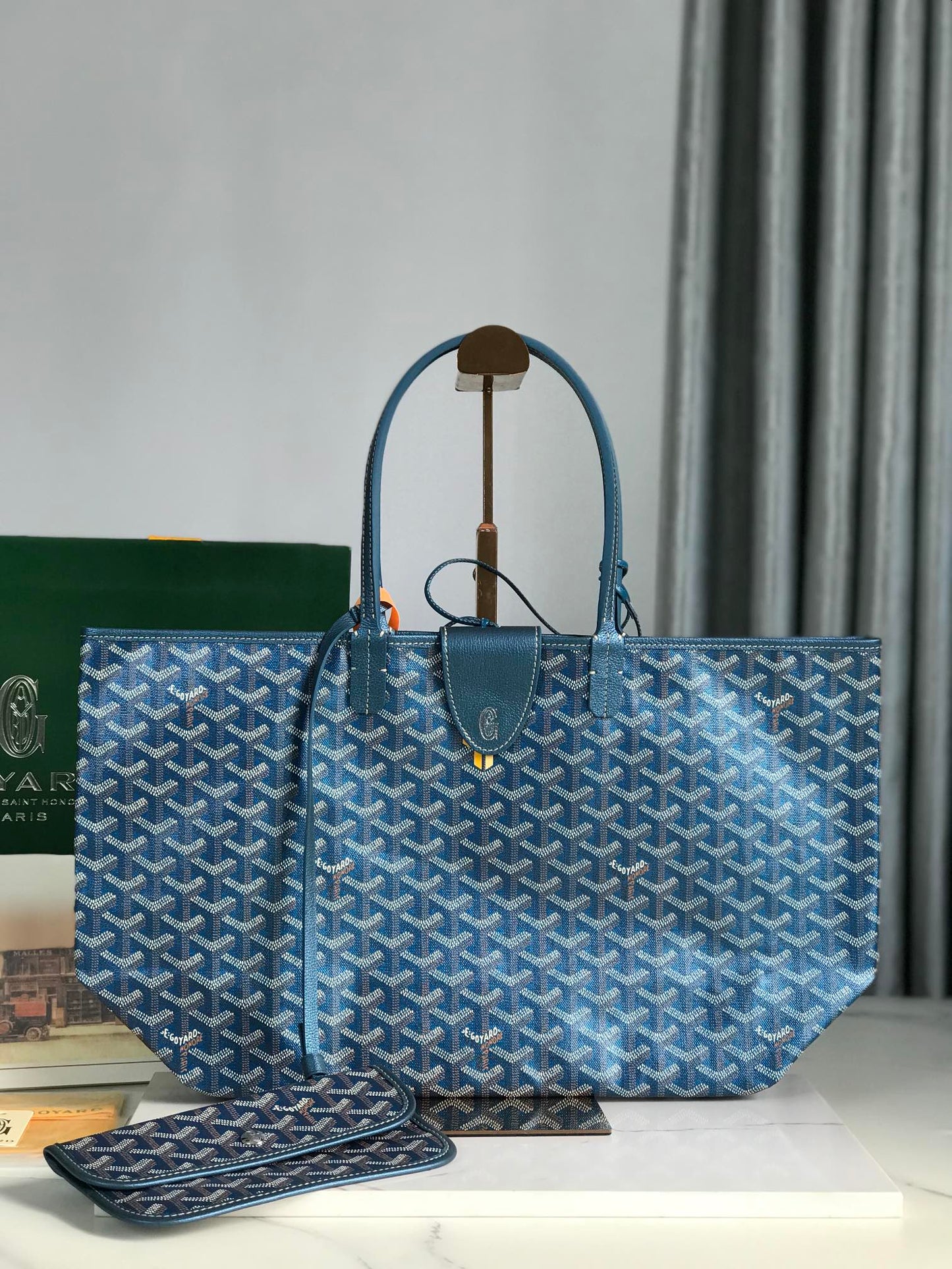 サンルイPMバッグ 34cm ディープブルーキャンバス シェブローチカーフスキン
