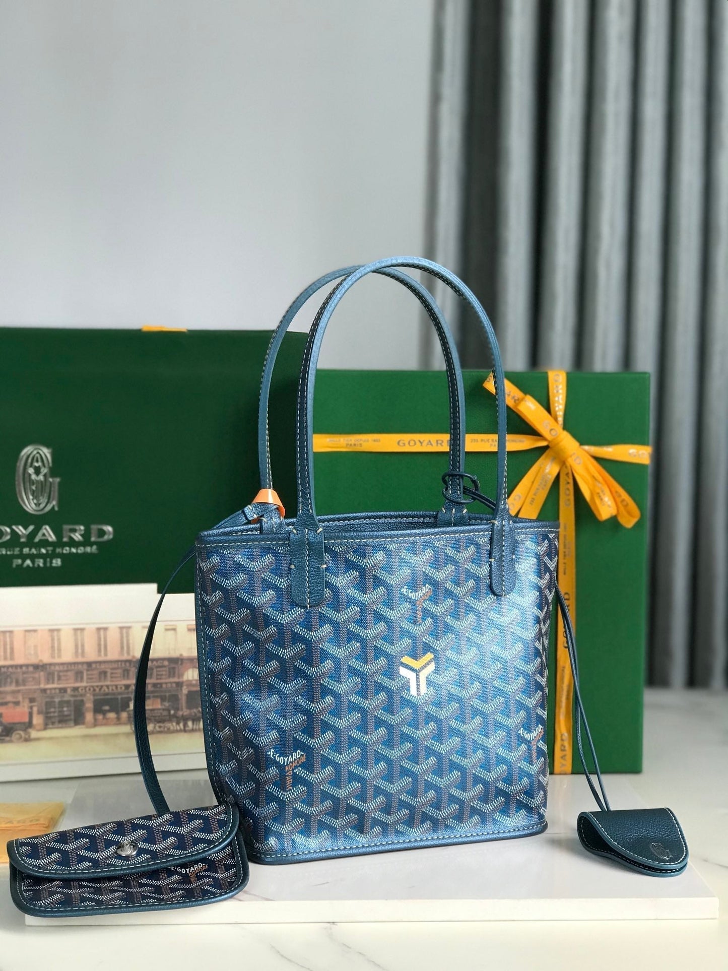 Mini sac Anjou 20 cm en toile bleu foncé Chevroches et cuir de veau