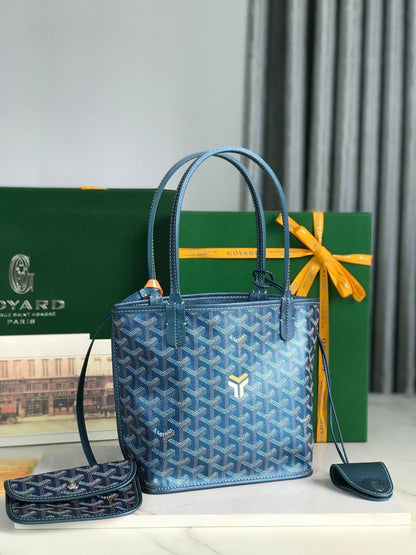 Mini sac Anjou 20 cm en toile bleu foncé Chevroches et cuir de veau