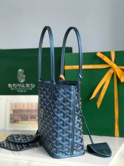 Mini sac Anjou 20 cm en toile bleu foncé Chevroches et cuir de veau