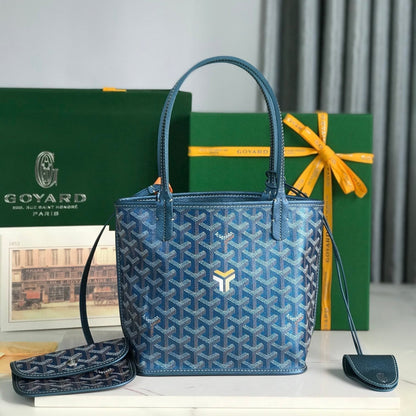 Mini sac Anjou 20 cm en toile bleu foncé Chevroches et cuir de veau