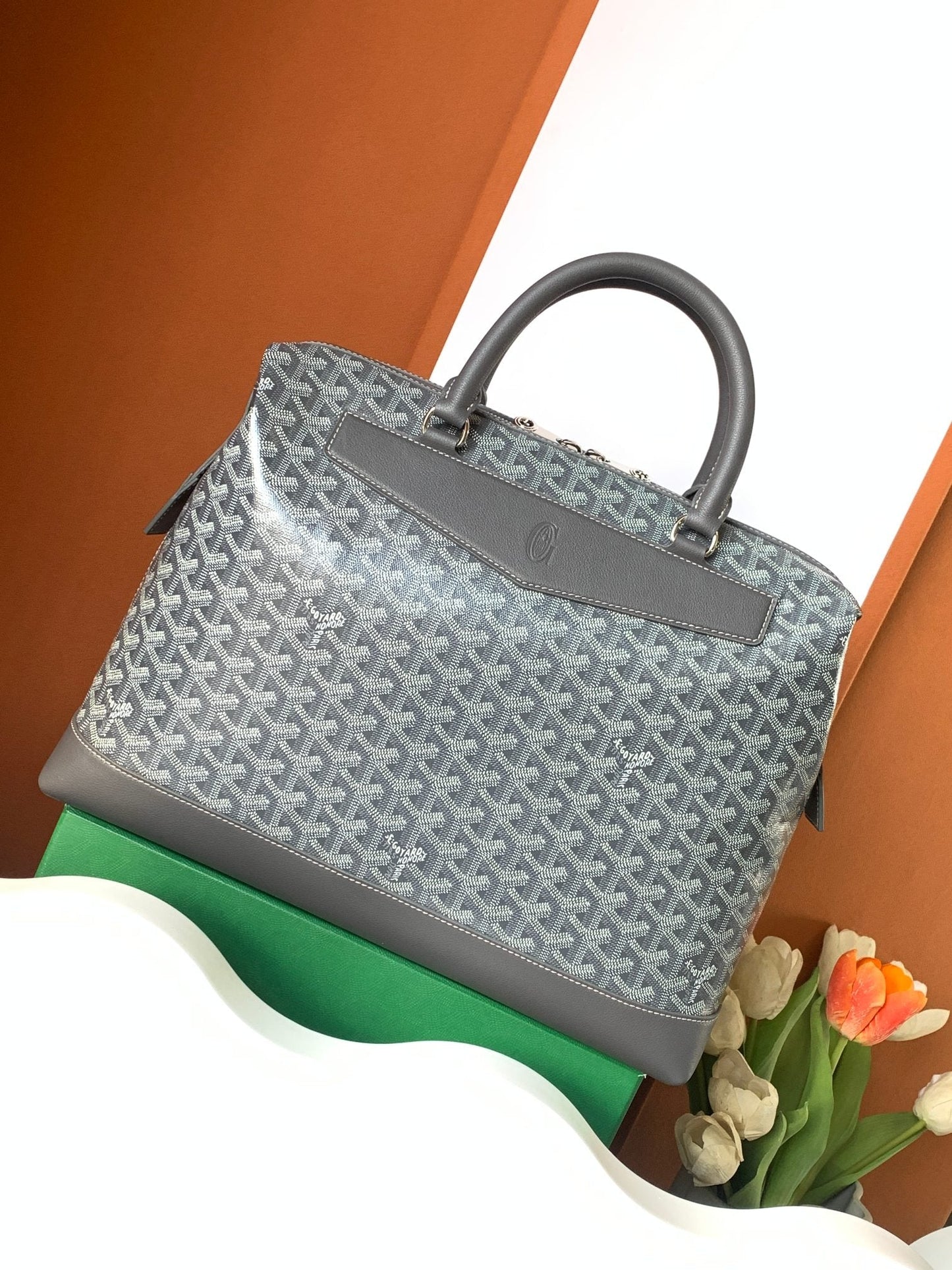 PORTE-DOCUMENTS CISALPIN 39 EN TOILE GOYARDINE GRIS ET CUIR DE VEAU