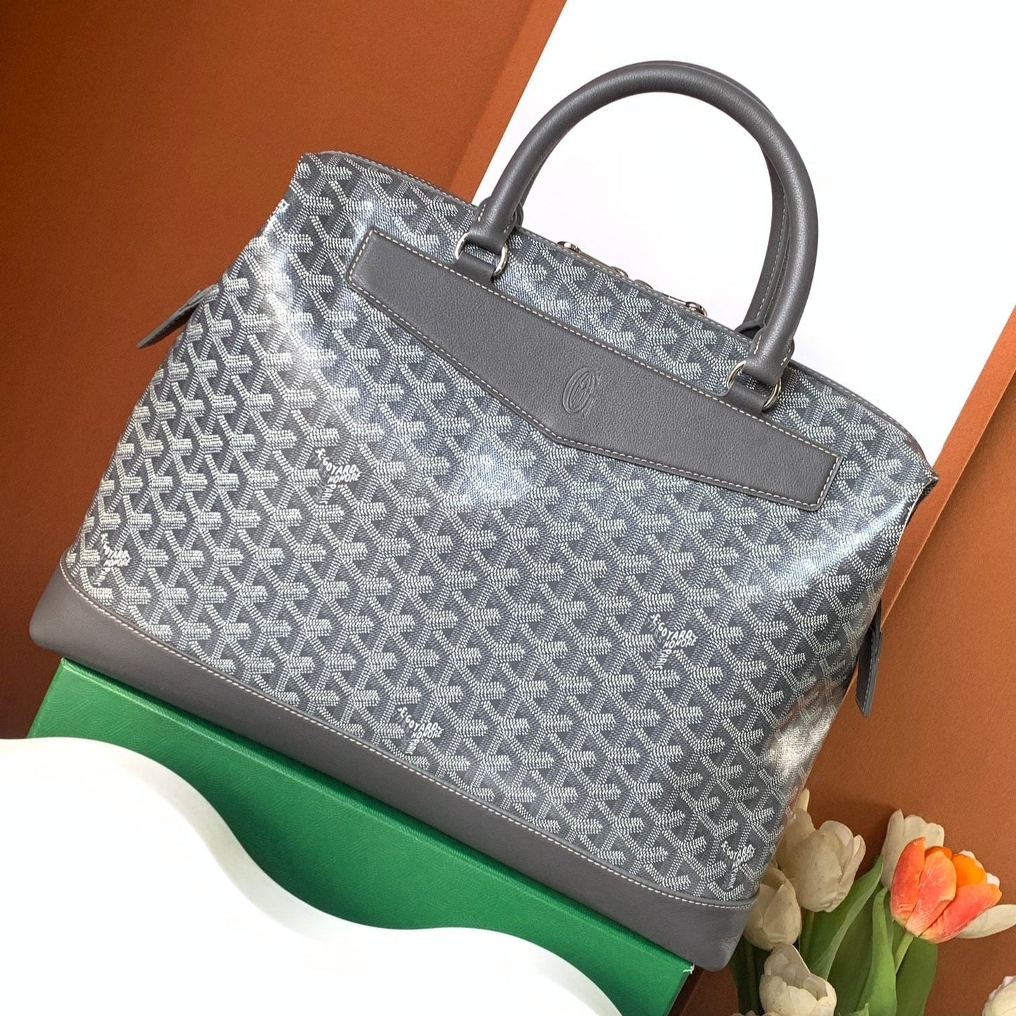 PORTE-DOCUMENTS CISALPIN 39 EN TOILE GOYARDINE GRIS ET CUIR DE VEAU