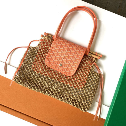 SAC ALIGRE 40 EN RAPHIA TRESSÉ ET CUIR DE VEAU ROUGE ORANGE