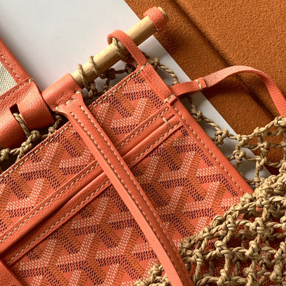 SAC ALIGRE 40 EN RAPHIA TRESSÉ ET CUIR DE VEAU ROUGE ORANGE