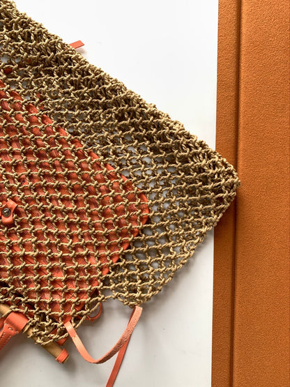 SAC ALIGRE 40 EN RAPHIA TRESSÉ ET CUIR DE VEAU ROUGE ORANGE