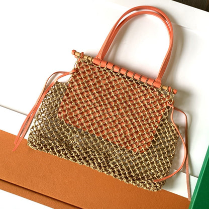 SAC ALIGRE 40 EN RAPHIA TRESSÉ ET CUIR DE VEAU ROUGE ORANGE